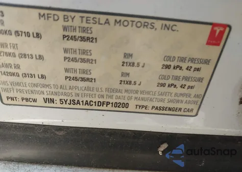 2013 Tesla Model S из США, поврежденный, VIN 5YJSA1AC1DFP10200